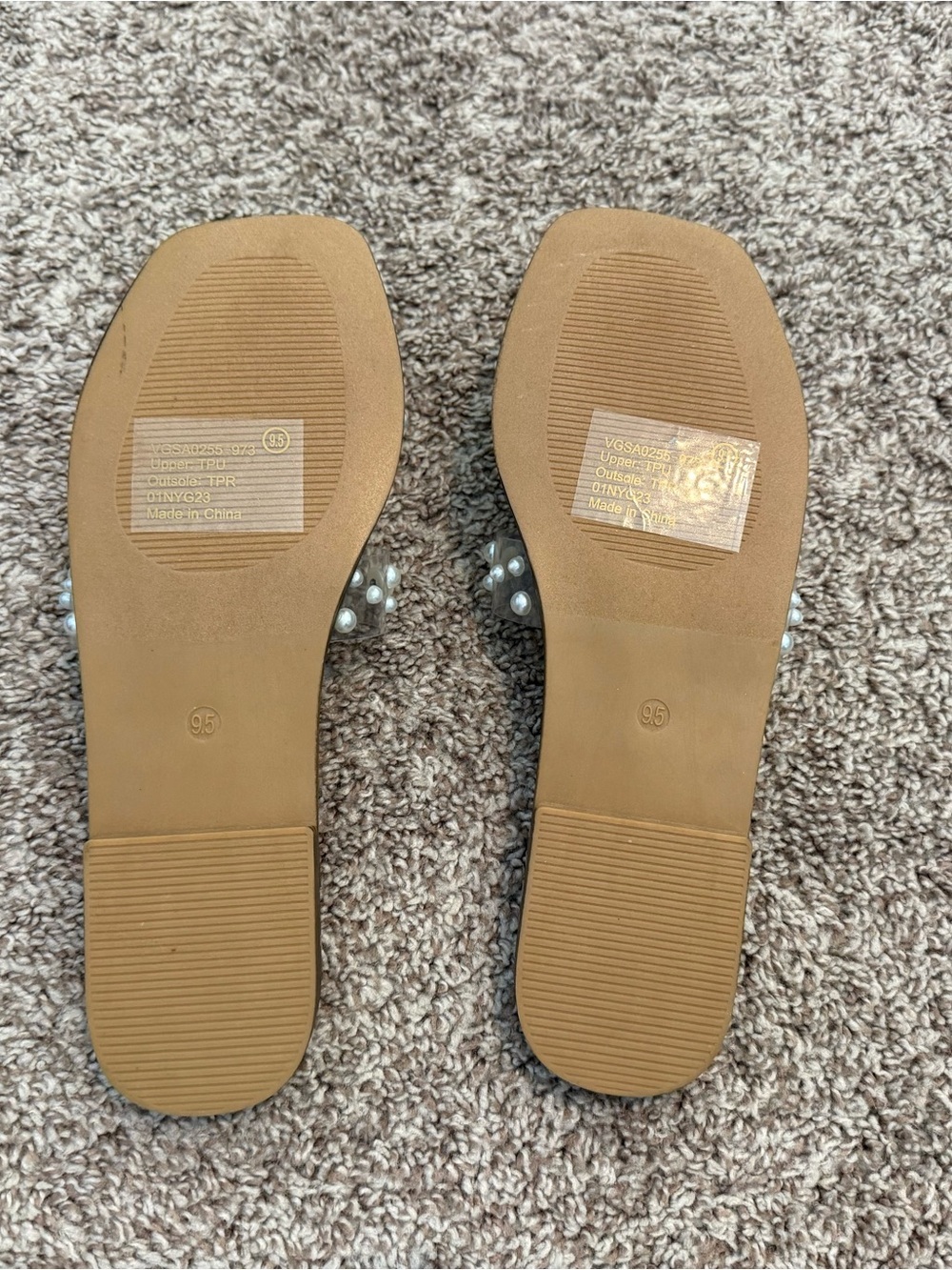 Very G Tan Slide Sandals with Clear Pearl Studded Straps - Picture 3 of 4